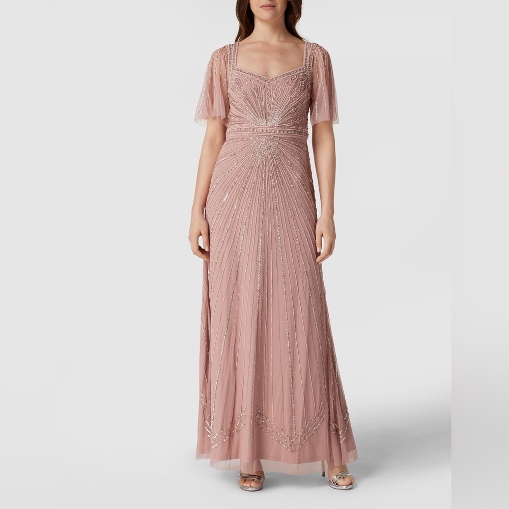 Adrianna Papell Flutter-Sleeve Beaded Gown - Mauve, Pink, Beaded, Maxi Dress